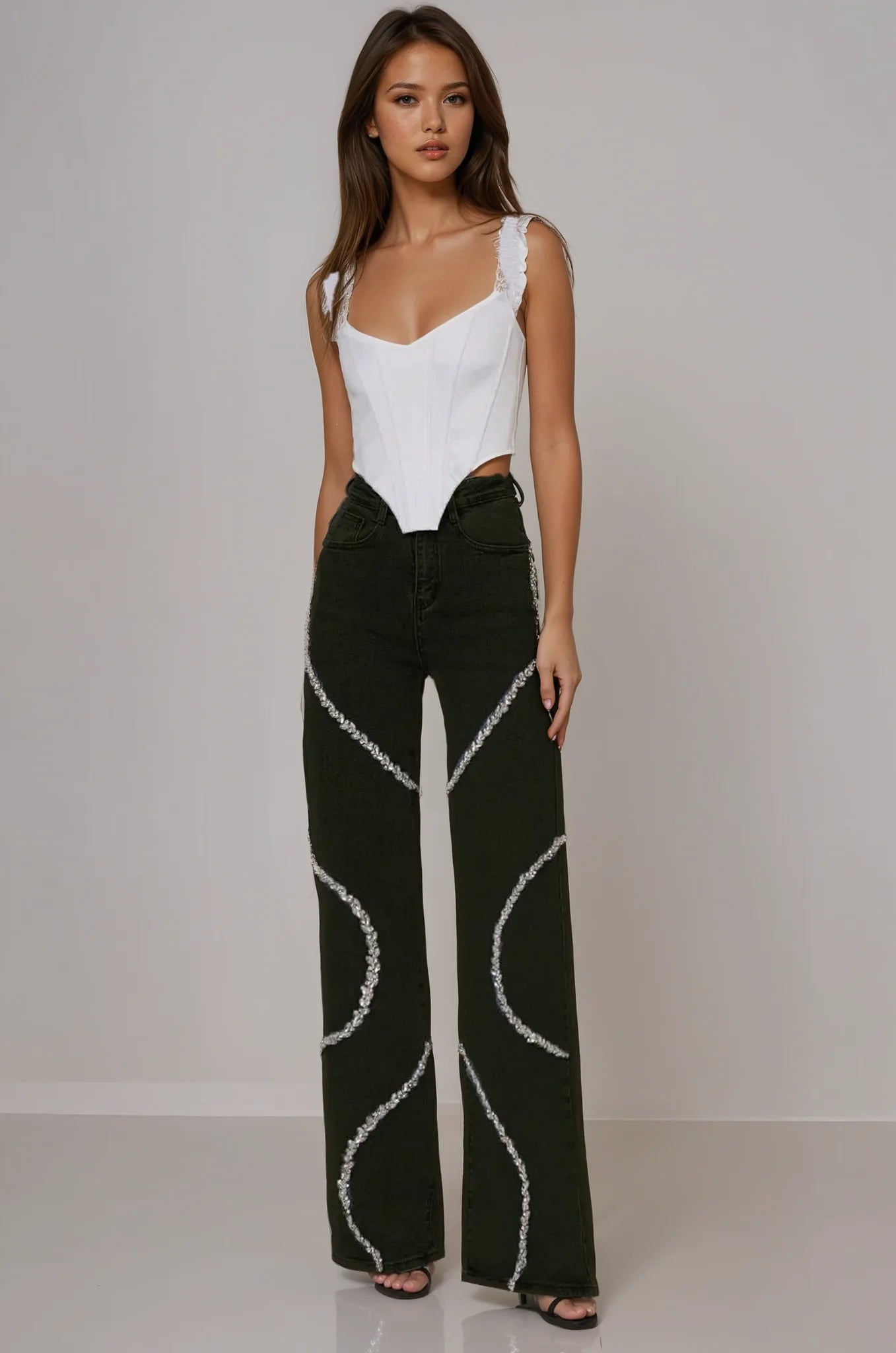 Luna High Rise Rhinestone Embellished Wide Leg Flared Jeans for Women | Bold Glam Statement Denim