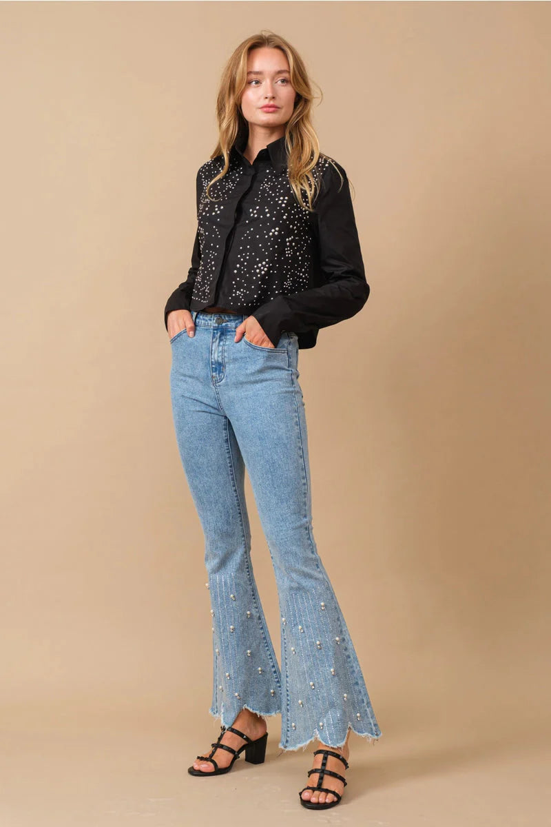 Blossom Belle High Rise Embellished Boot Cut Flared Jeans for Women | Ice Blue Feminine Glam Denim