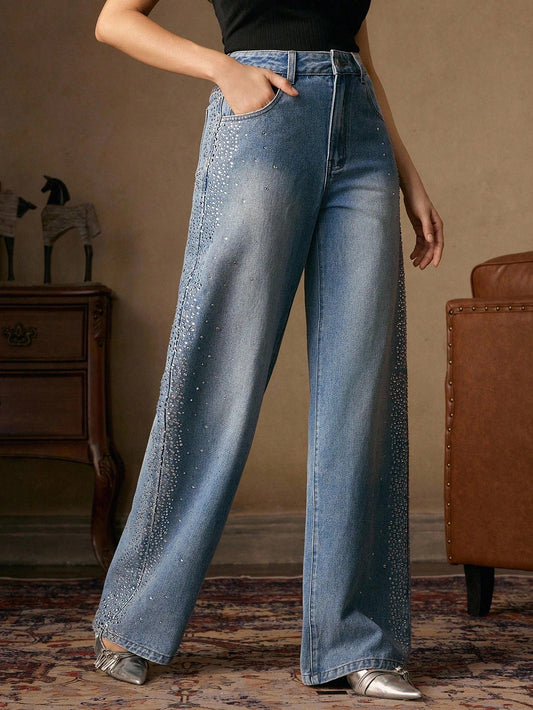 Mira Rhinestone Embellished Wide Leg Jeans for Women | Ice Blue Effortless Glam Denim