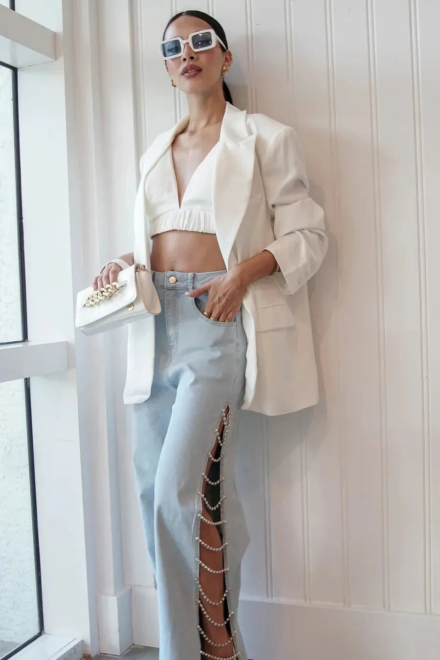 Sequined Wide Leg Jeans for Women | High Rise Sparkle Party Wear Denim