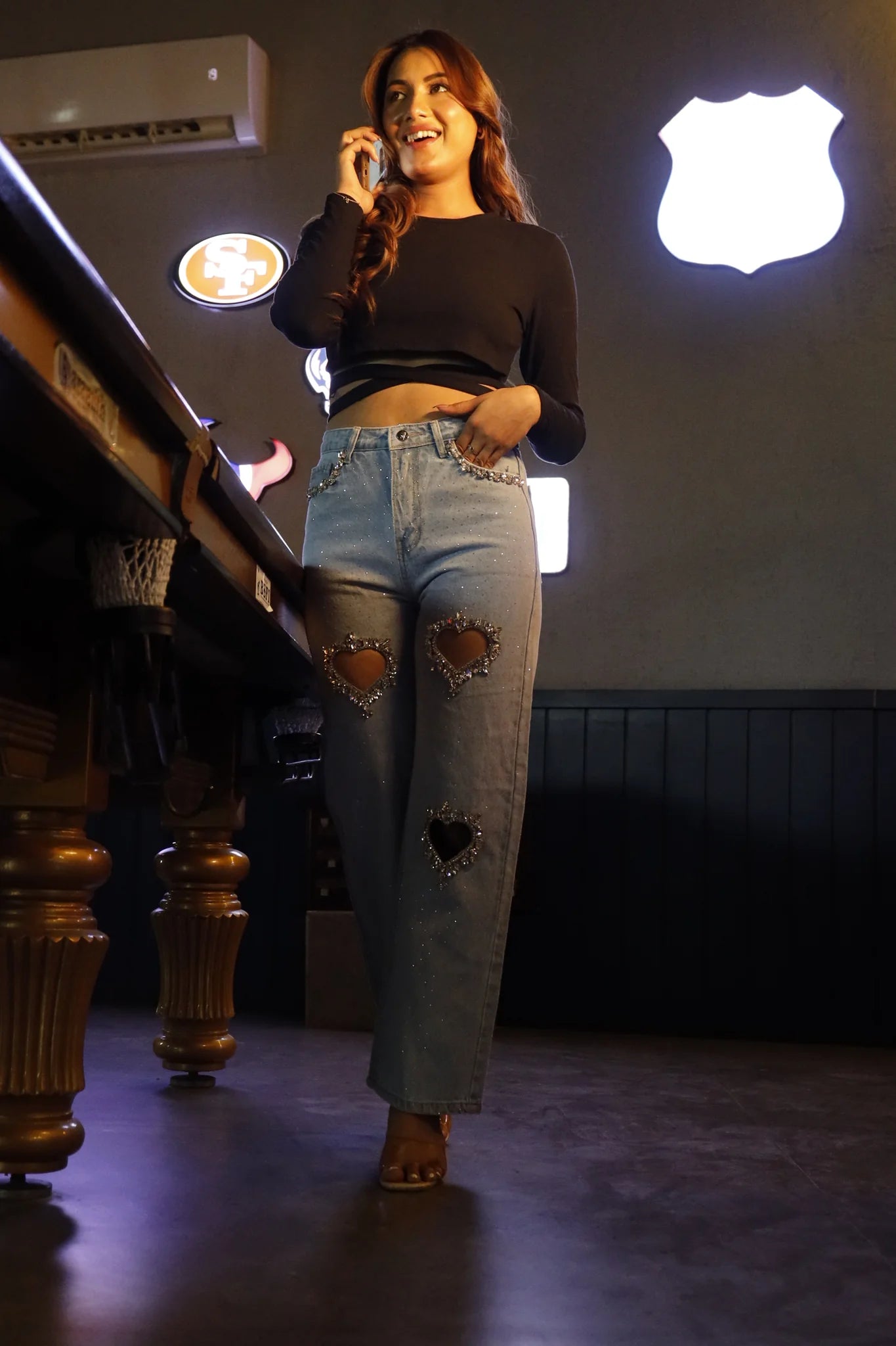 Cupid’s Charm Rhinestone Embellished Cut Out Jeans for Women | Ice Blue Trendy Party Denim