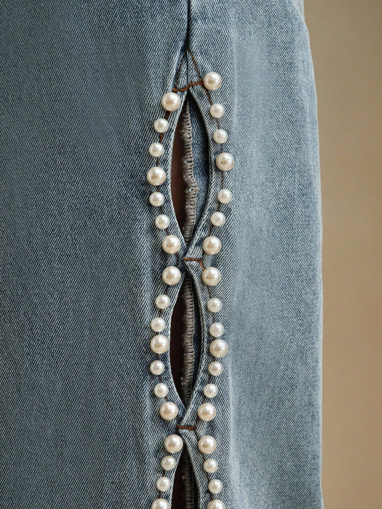 Ophelia Pearl Embellished Wide Leg Jeans for Women | Ice Blue Romantic Chic Denim
