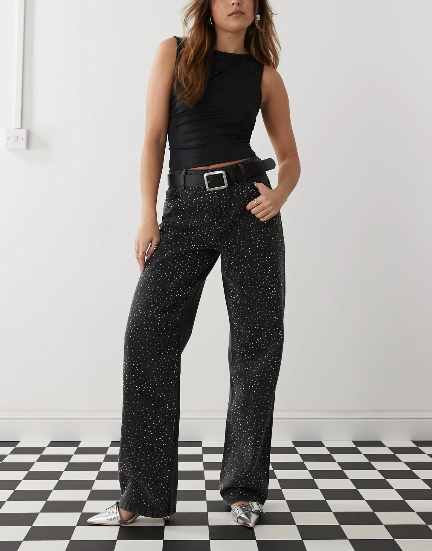 Lunar Lava Rhinestone Embellished Wide Leg Jeans for Women | Dark Glam Statement Denim