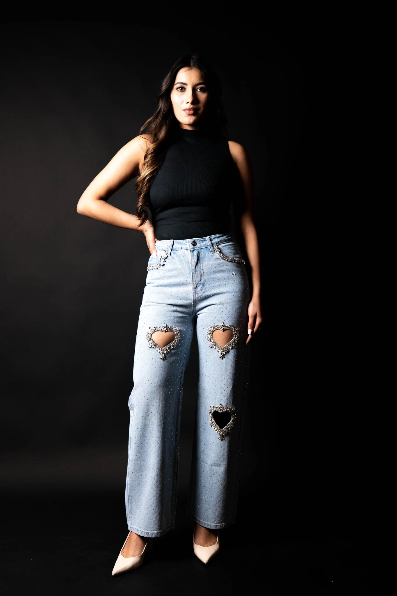 Cupid’s Charm Rhinestone Embellished Cut Out Jeans for Women | Ice Blue Trendy Party Denim