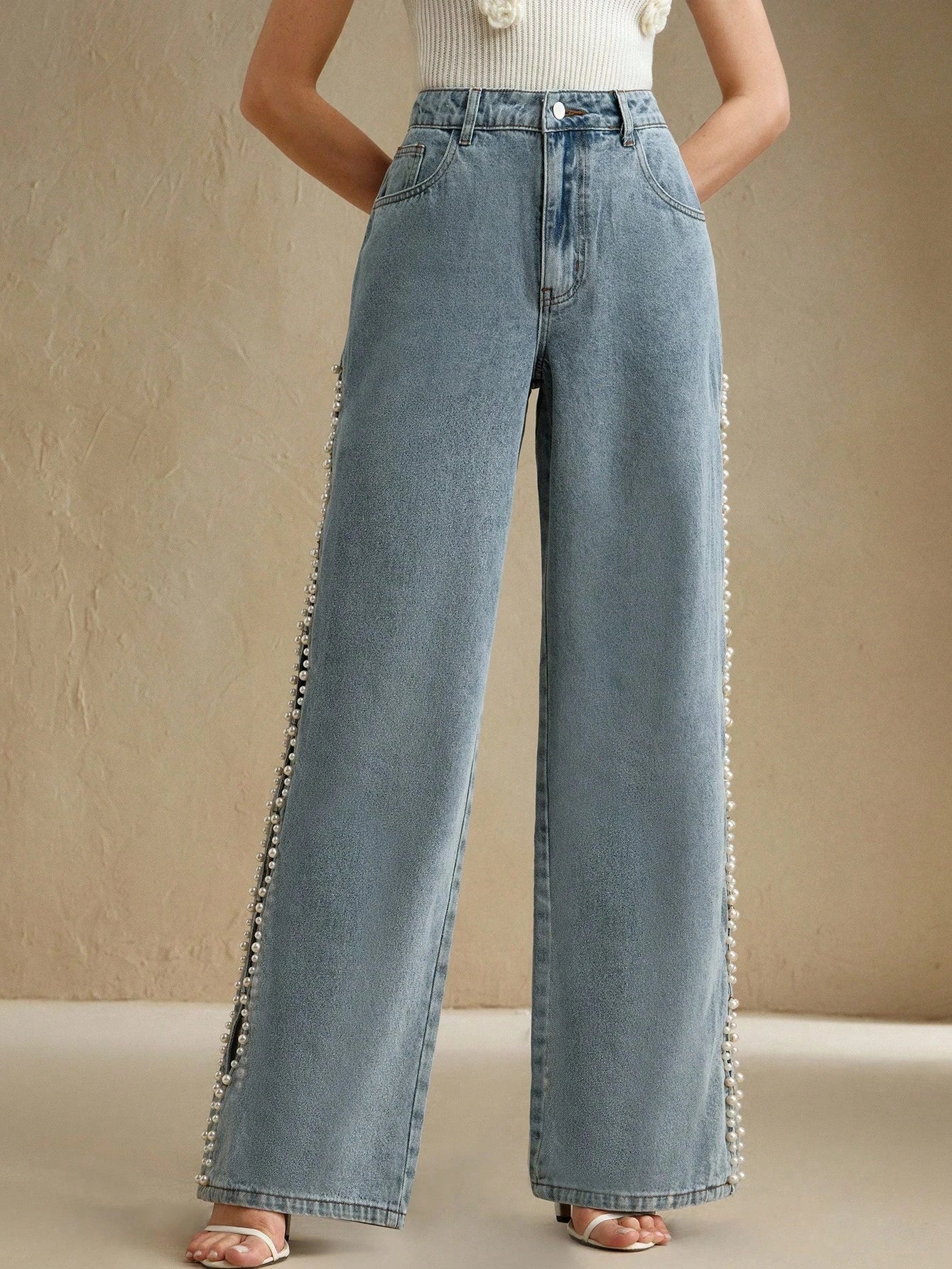 Ophelia Pearl Embellished Wide Leg Jeans for Women | Ice Blue Romantic Chic Denim