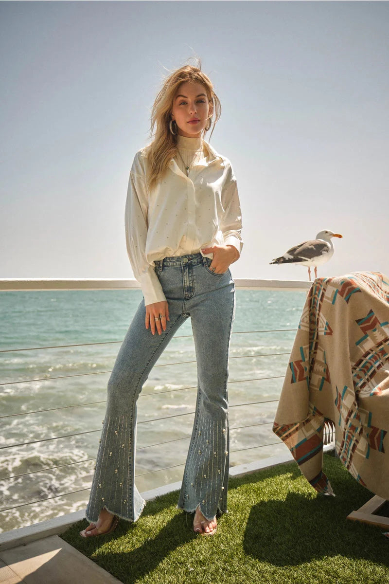 Blossom Belle High Rise Embellished Boot Cut Flared Jeans for Women | Ice Blue Feminine Glam Denim