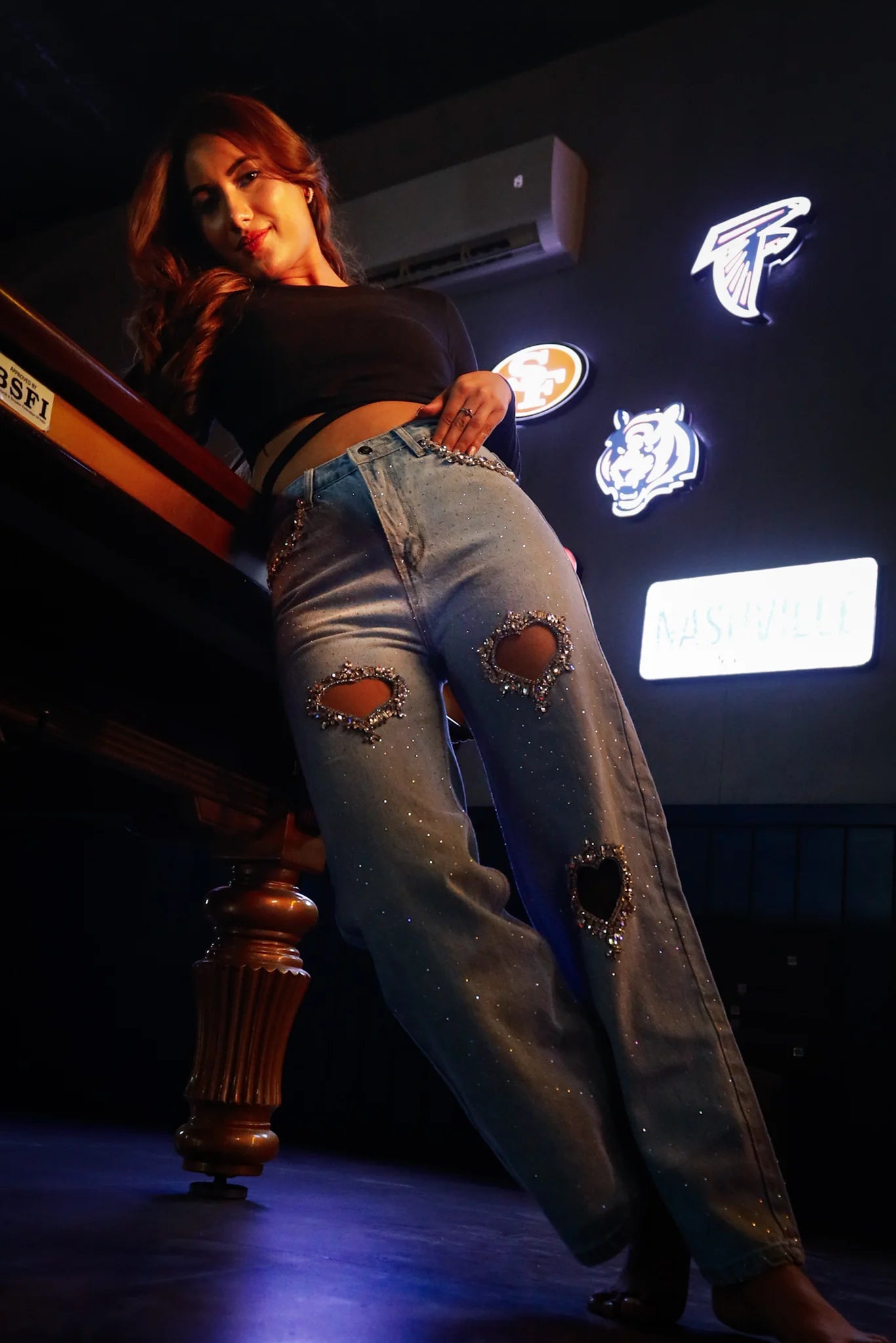 Cupid’s Charm Rhinestone Embellished Cut Out Jeans for Women | Ice Blue Trendy Party Denim