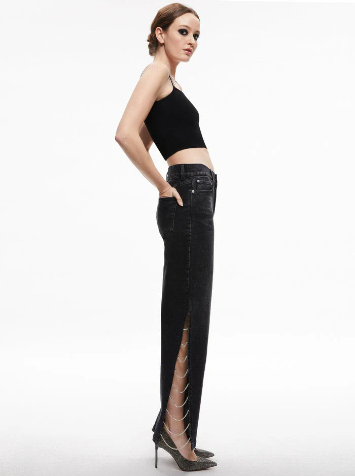 Black Side Slit Rhinestone Embellished Jeans for Women | High Rise Edgy Party Denim