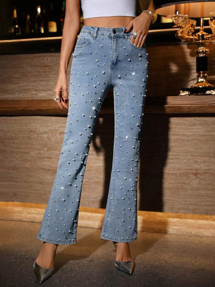 Camilla High Rise Pearl Embellished Boot Cut Jeans for Women | Flared Party Wear Denim
