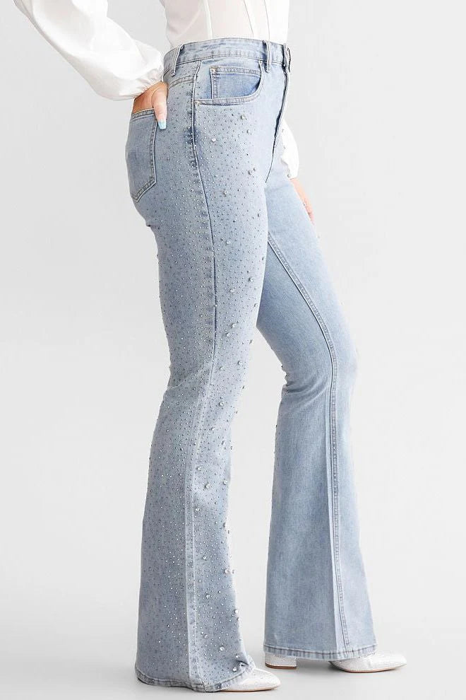 High Rise Rhinestone Embellished Boot Cut Flared Jeans for Women | Ice Blue Trendy Party Denim