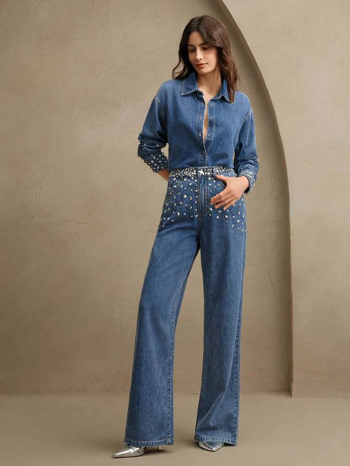 Midnight Dazzle Band Rhinestone Wide Leg Jeans for Women | High Rise Statement Party Denim