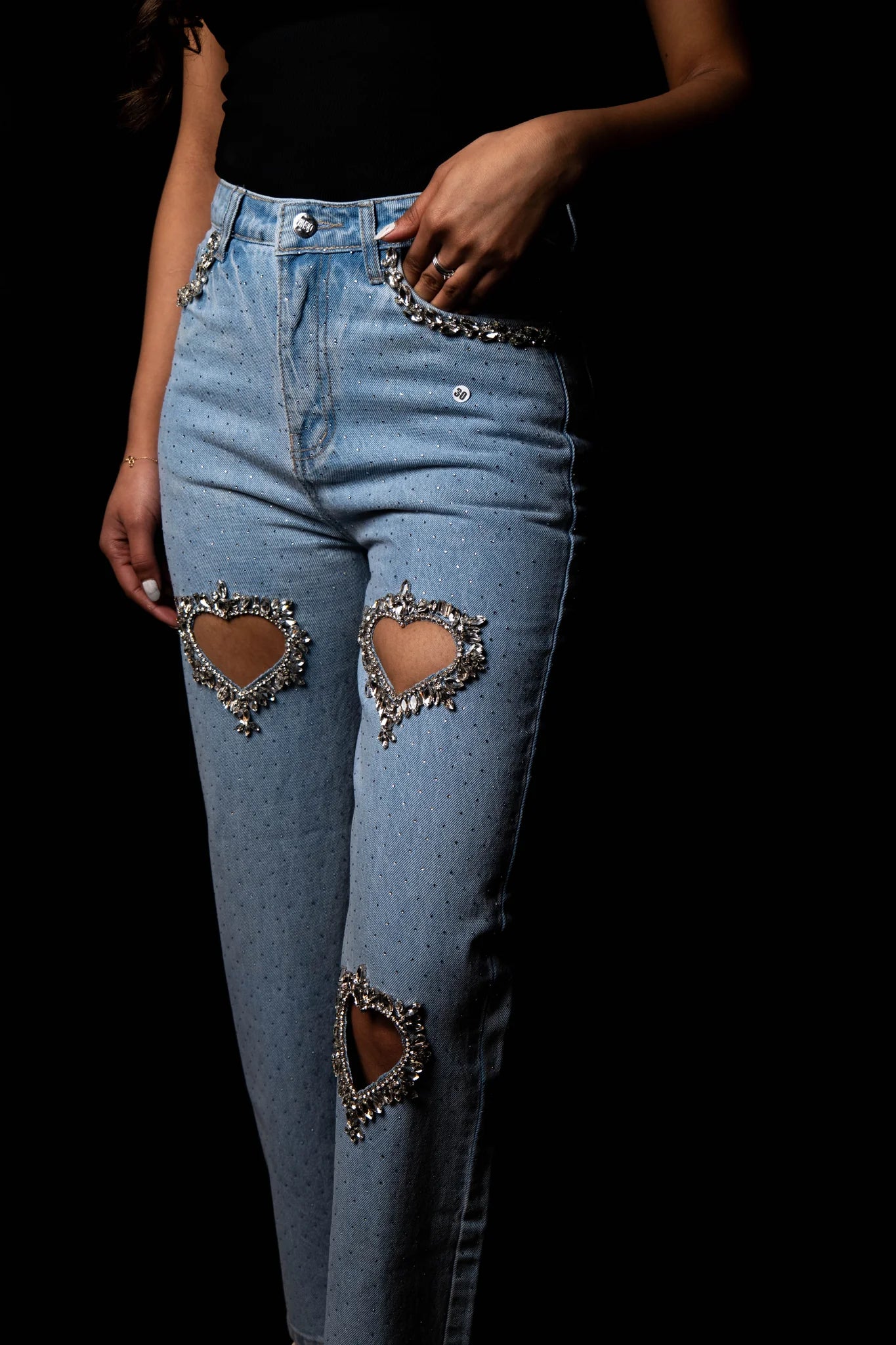 Cupid’s Charm Rhinestone Embellished Cut Out Jeans for Women | Ice Blue Trendy Party Denim
