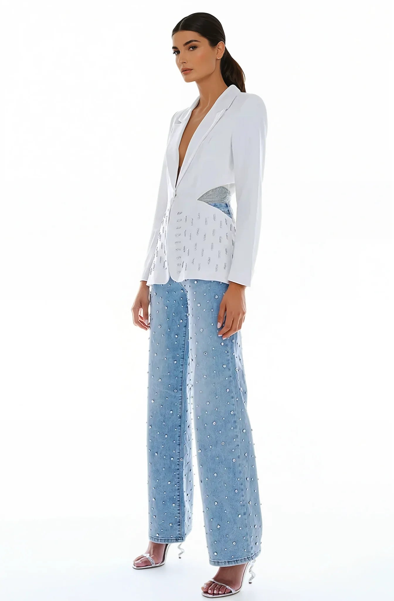 Lumière Rhinestone Embellished Wide Leg Jeans for Women | Glam Sparkle Statement Denim