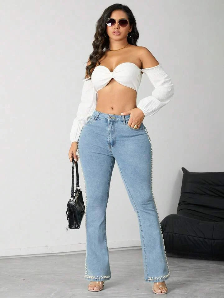 Sophia High Rise Pearl Embellished Boot Cut Jeans for Women | Classic Elegant Flared Denim