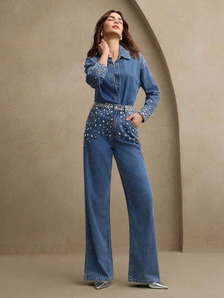 Midnight Dazzle Band Rhinestone Wide Leg Jeans for Women | High Rise Statement Party Denim