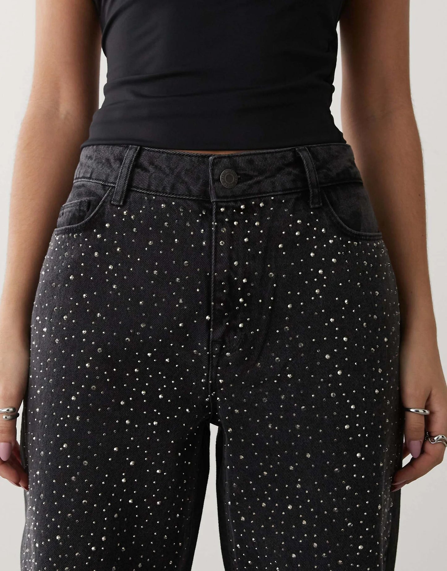 Lunar Lava Rhinestone Embellished Wide Leg Jeans for Women | Dark Glam Statement Denim