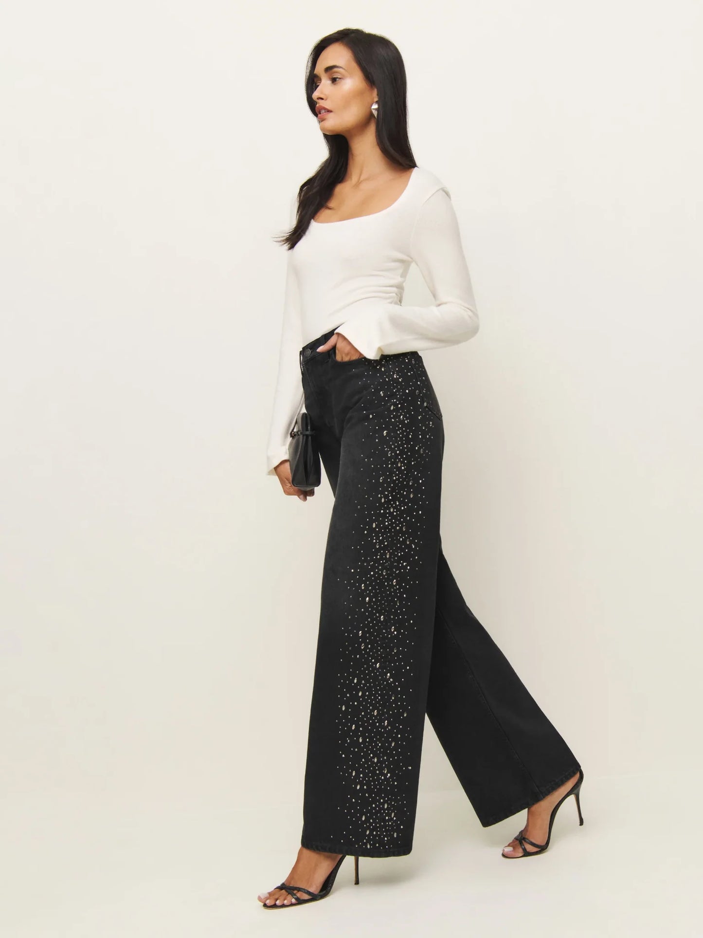 Celeste Noir High Rise Rhinestone Embellished Wide Leg Flared Jeans for Women | Black Night Glam Denim