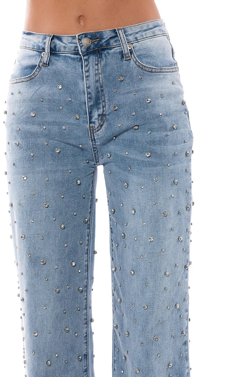 Lumière Rhinestone Embellished Wide Leg Jeans for Women | Glam Sparkle Statement Denim