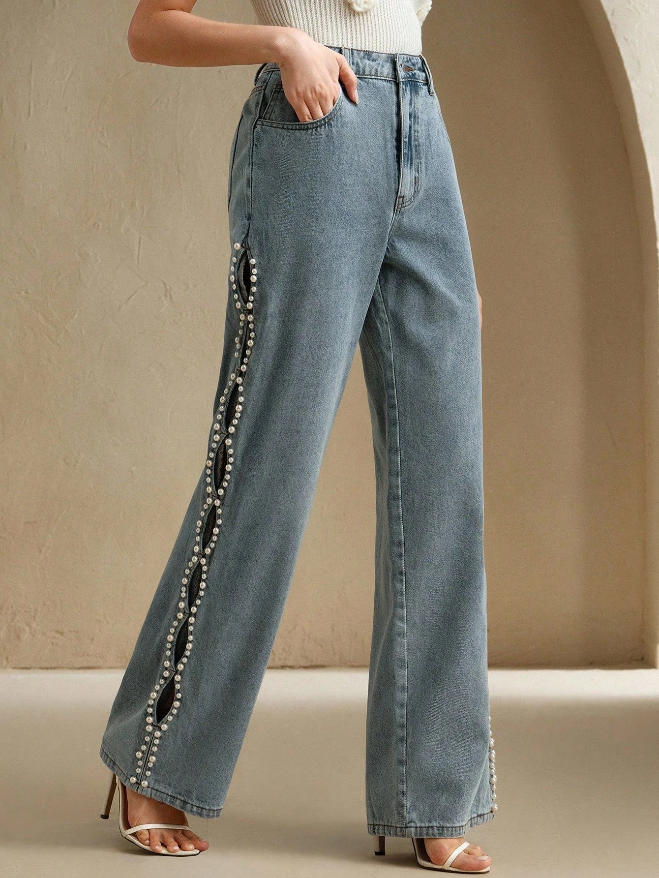 Ophelia Pearl Embellished Wide Leg Jeans for Women | Ice Blue Romantic Chic Denim