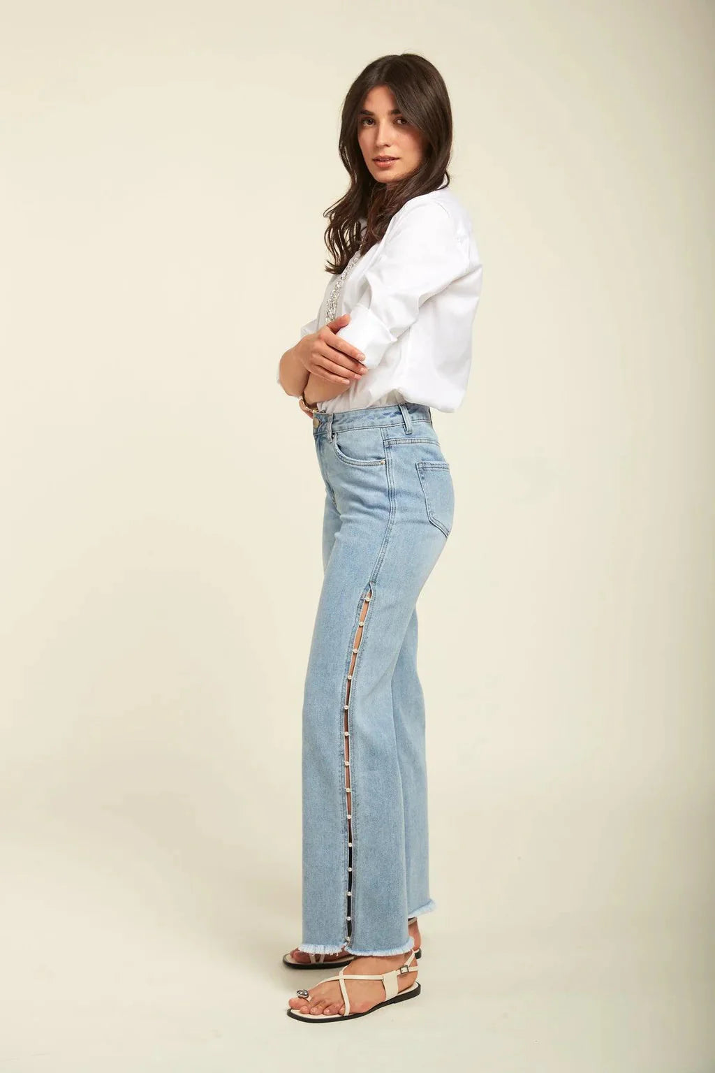 Pearl Slit Wide Leg Jeans for Women | Ice Blue High Rise Statement Slit Denim