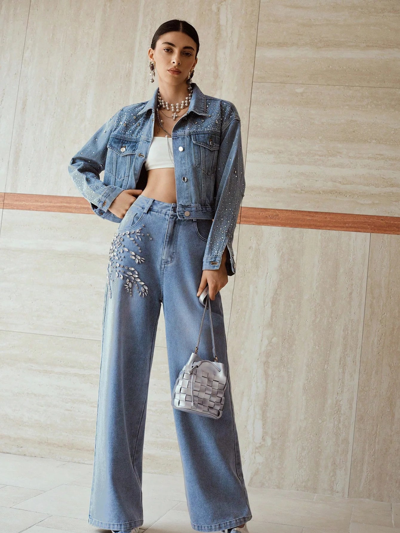 Crystal Vine Rhinestone Embellished Wide Leg Jeans for Women | Ice Blue Sparkly Party Denim