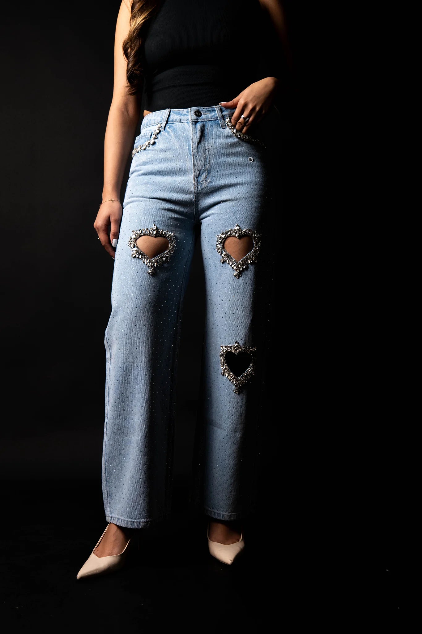 Cupid’s Charm Rhinestone Embellished Cut Out Jeans for Women | Ice Blue Trendy Party Denim