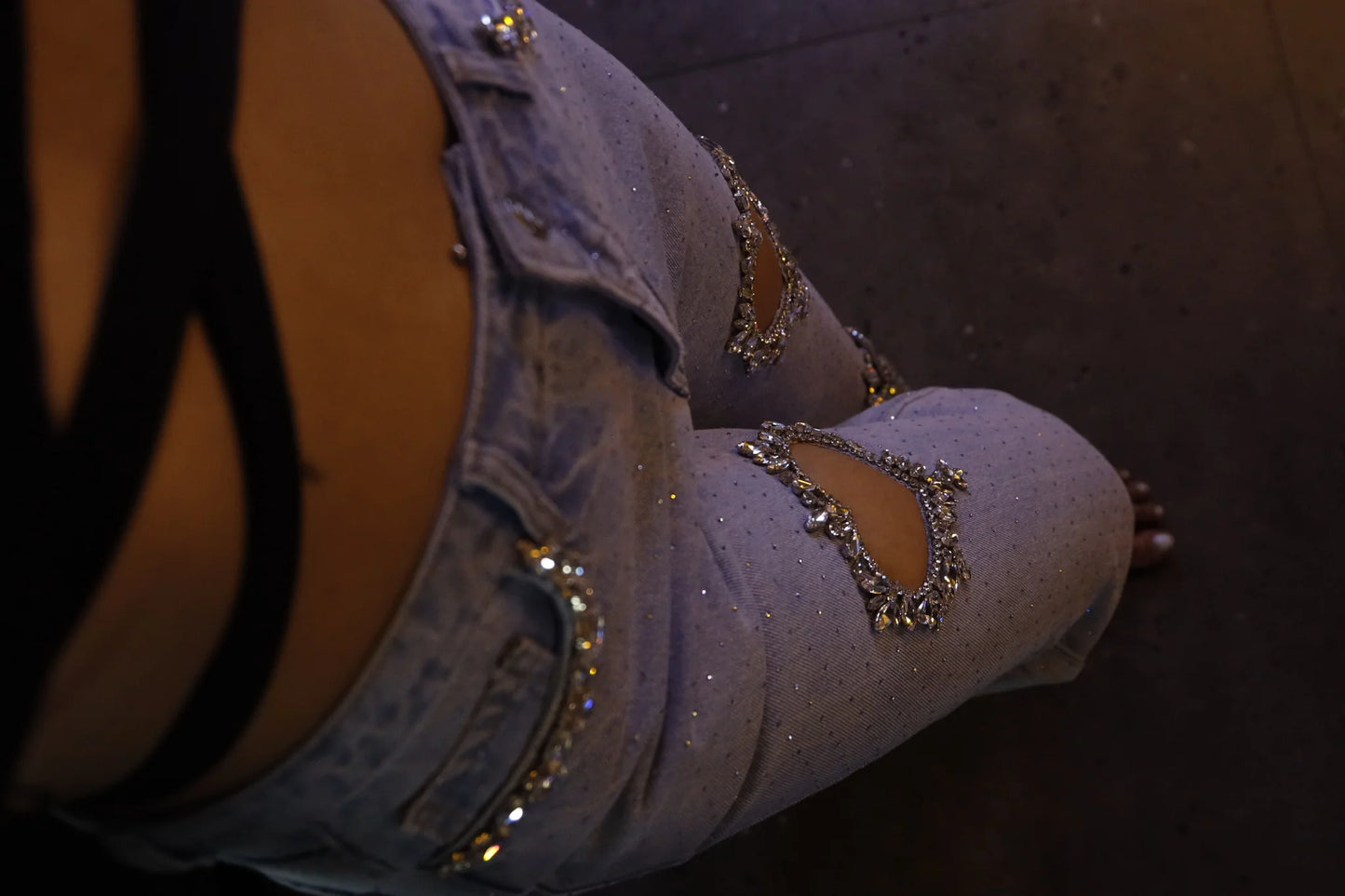 Cupid’s Charm Rhinestone Embellished Cut Out Jeans for Women | Ice Blue Trendy Party Denim