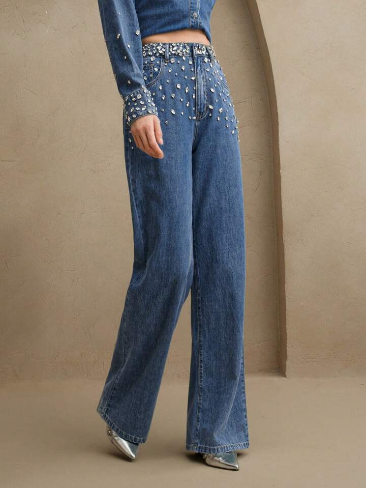 Midnight Dazzle Band Rhinestone Wide Leg Jeans for Women | High Rise Statement Party Denim