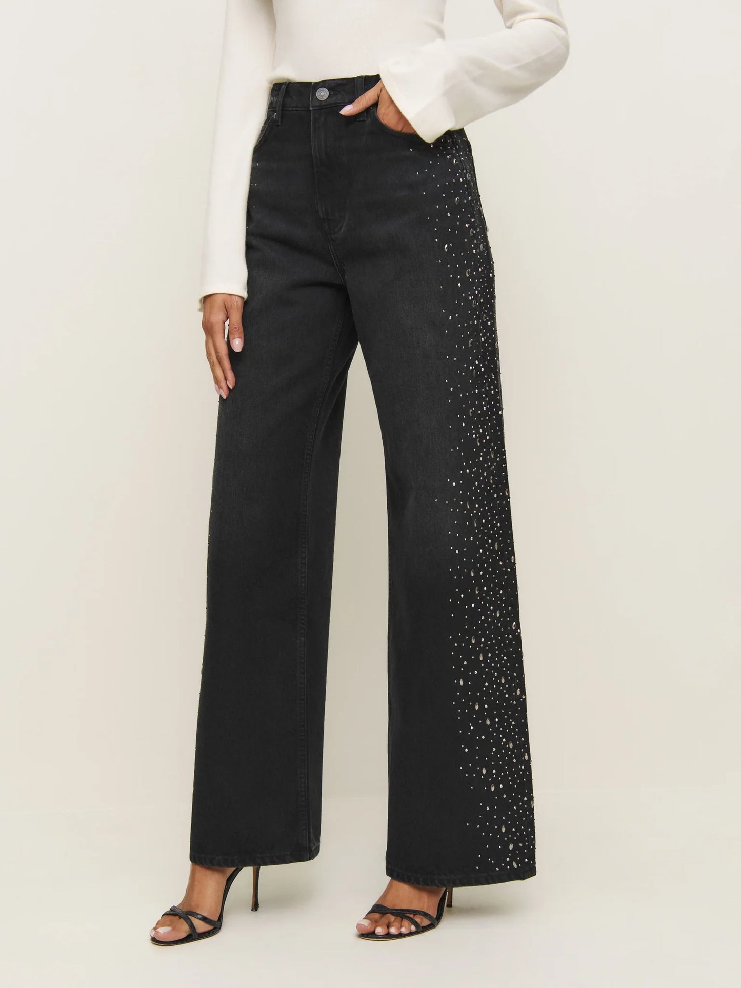 Celeste Noir High Rise Rhinestone Embellished Wide Leg Flared Jeans for Women | Black Night Glam Denim