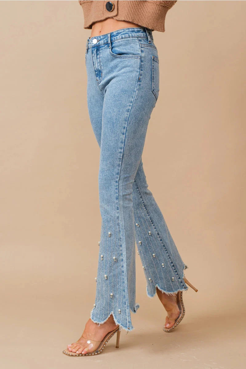 Blossom Belle High Rise Embellished Boot Cut Flared Jeans for Women | Ice Blue Feminine Glam Denim