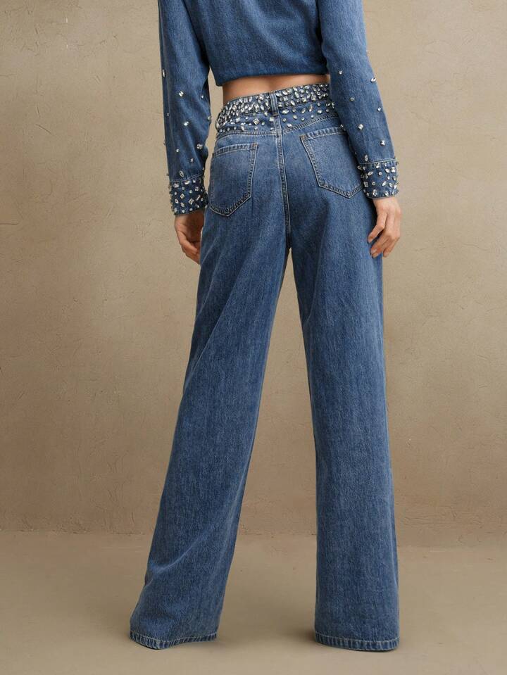 Midnight Dazzle Band Rhinestone Wide Leg Jeans for Women | High Rise Statement Party Denim