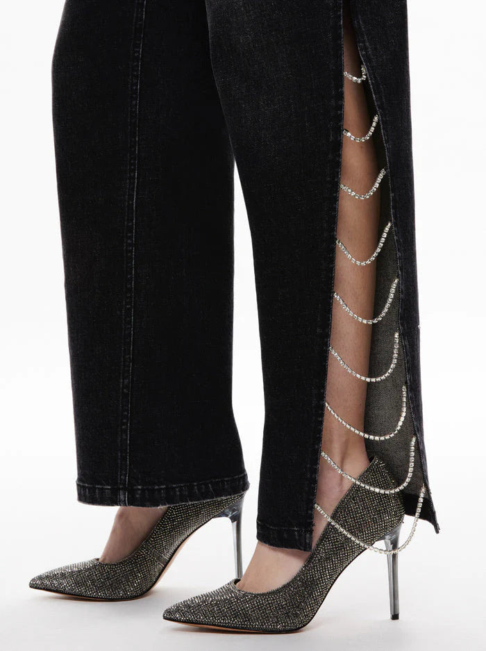 Black Side Slit Rhinestone Embellished Jeans for Women | High Rise Edgy Party Denim