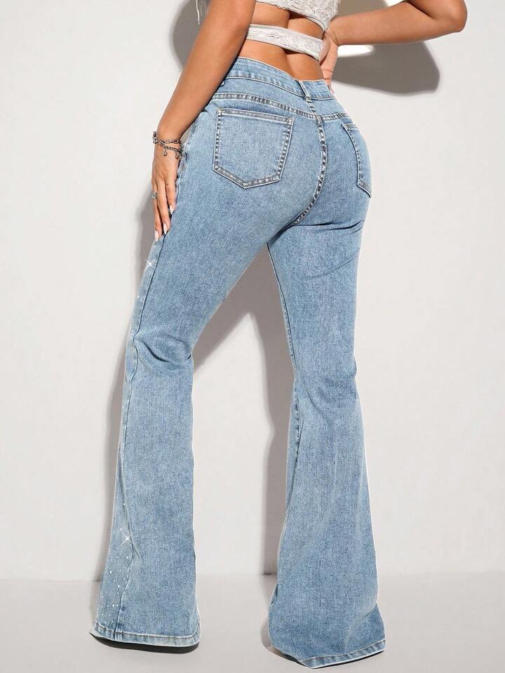 Aurelia High Rise Embellished Boot Cut Jeans for Women | Minimal Luxury Flared Denim