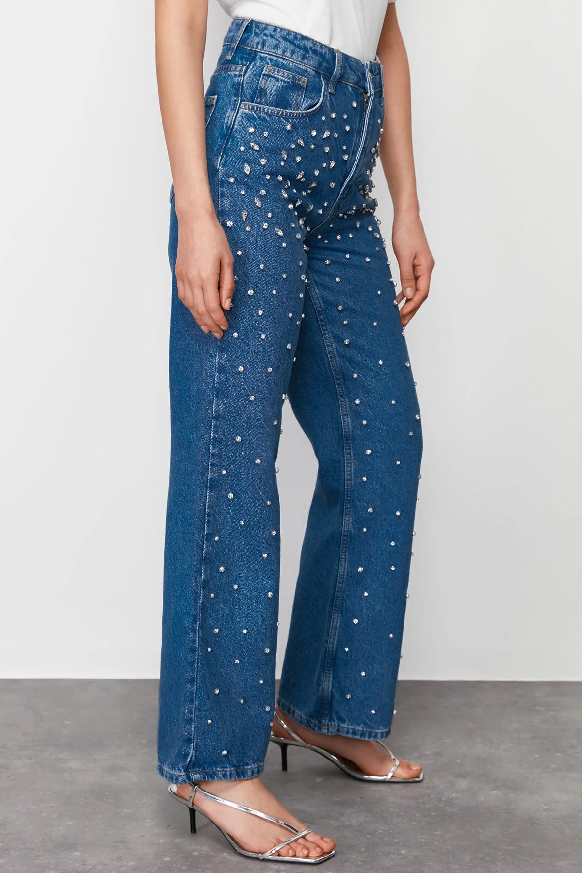 Starry Streak Rhinestone Wide Leg Jeans for Women | High Rise Glam Party Denim