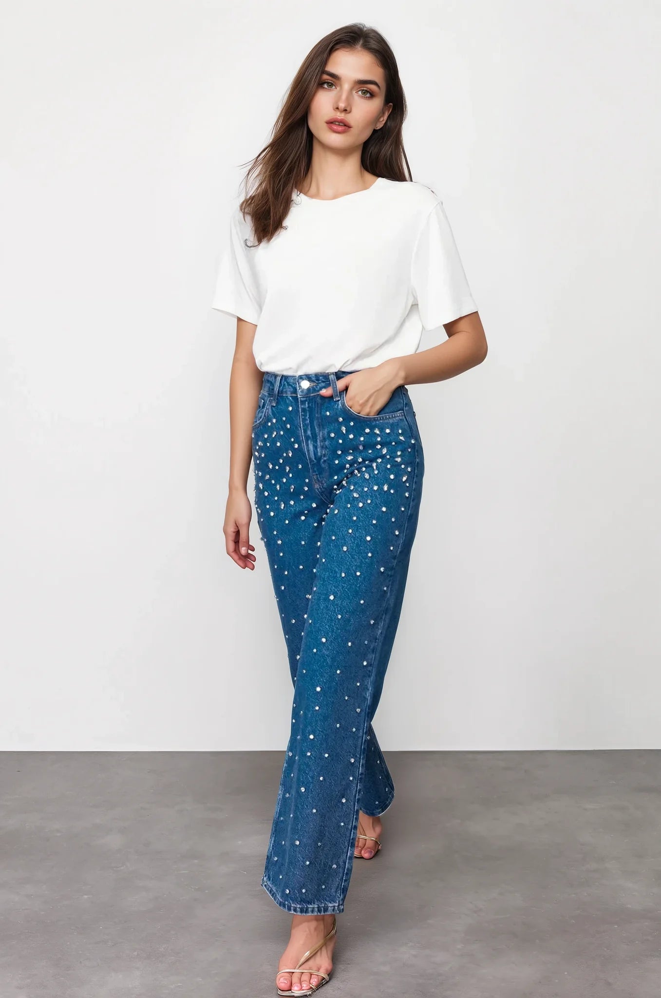Starry Streak Rhinestone Wide Leg Jeans for Women | High Rise Glam Party Denim