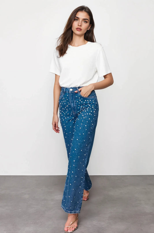 Starry Streak Rhinestone Wide Leg Jeans for Women | High Rise Glam Party Denim