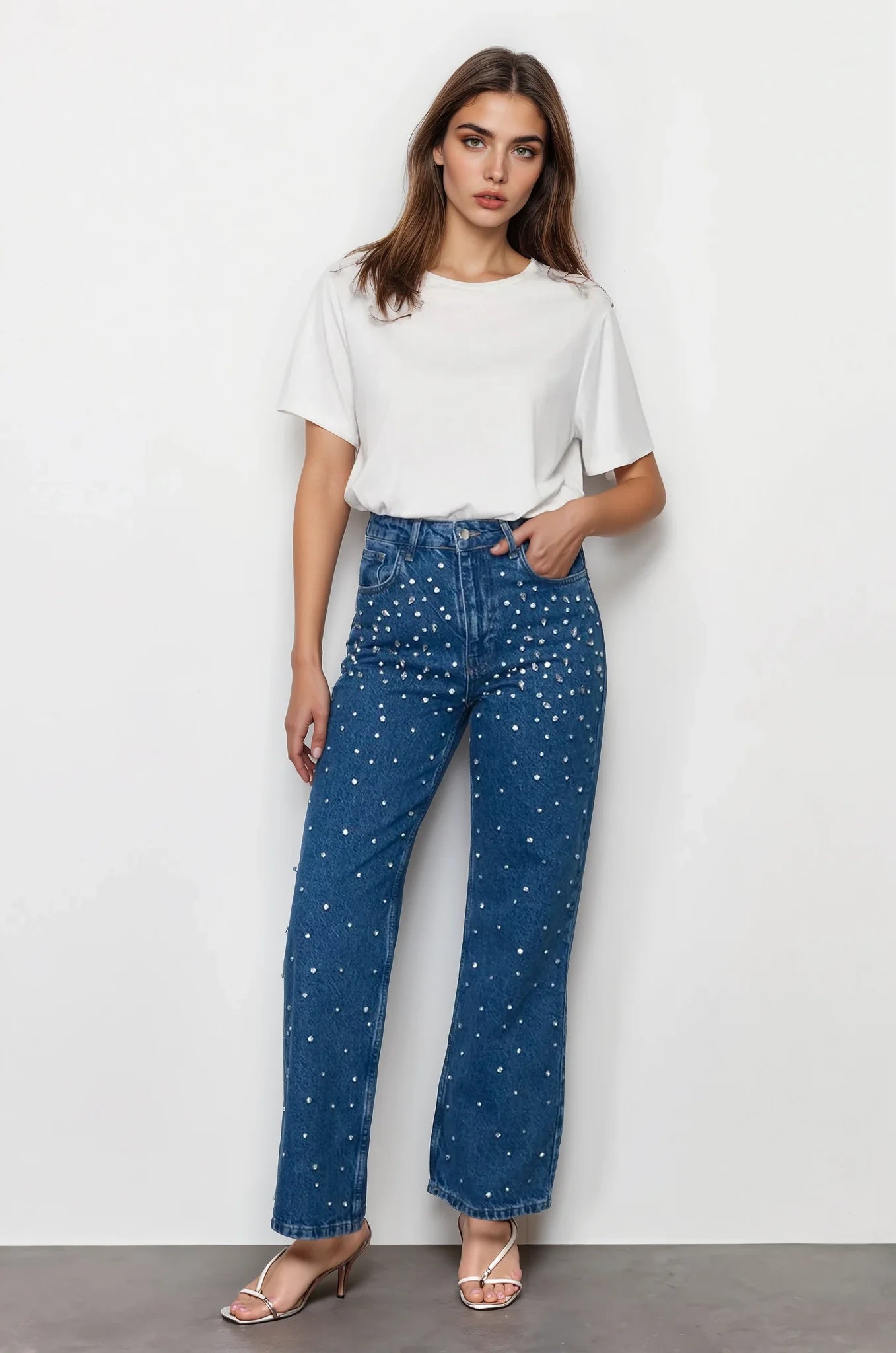 Starry Streak Rhinestone Wide Leg Jeans for Women | High Rise Glam Party Denim