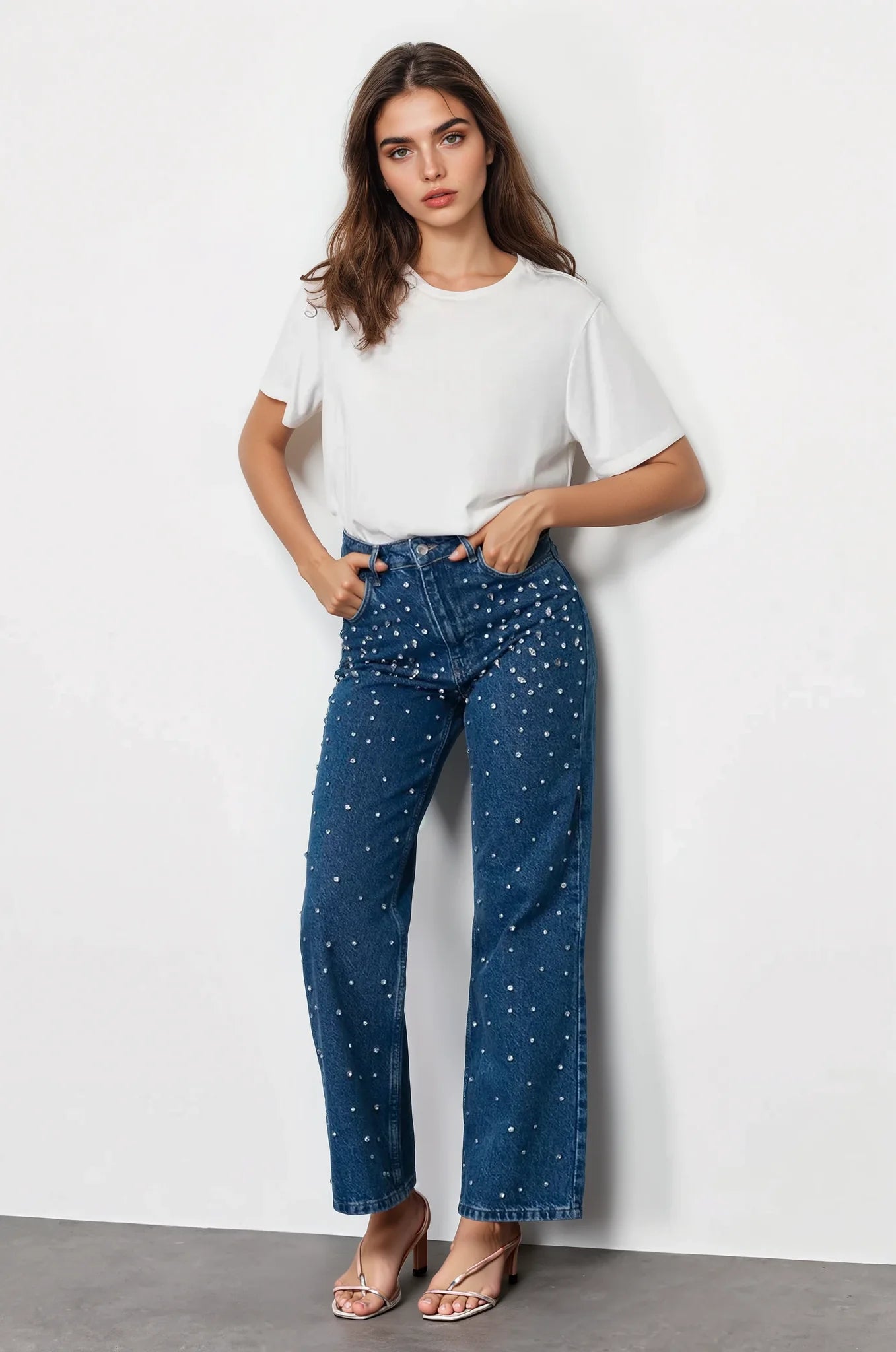 Starry Streak Rhinestone Wide Leg Jeans for Women | High Rise Glam Party Denim