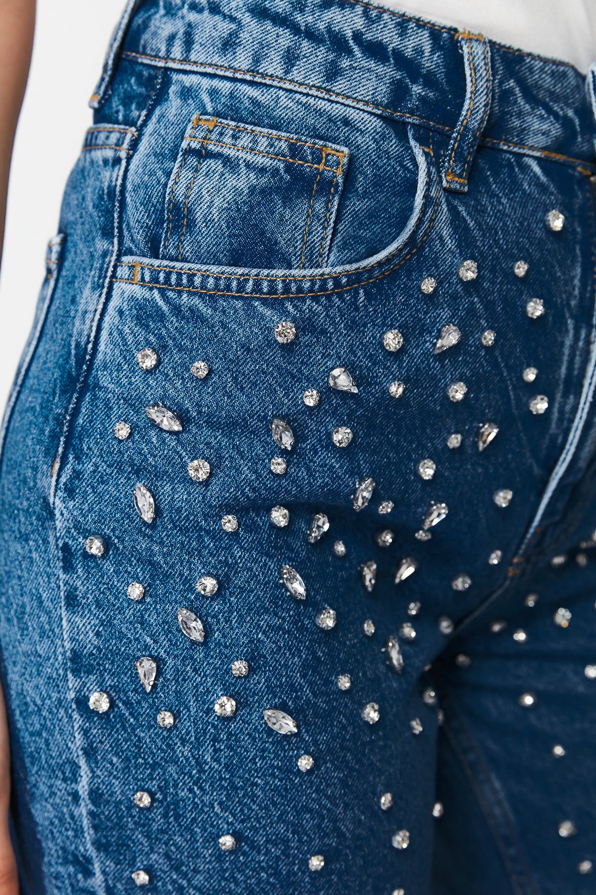 Starry Streak Rhinestone Wide Leg Jeans for Women | High Rise Glam Party Denim