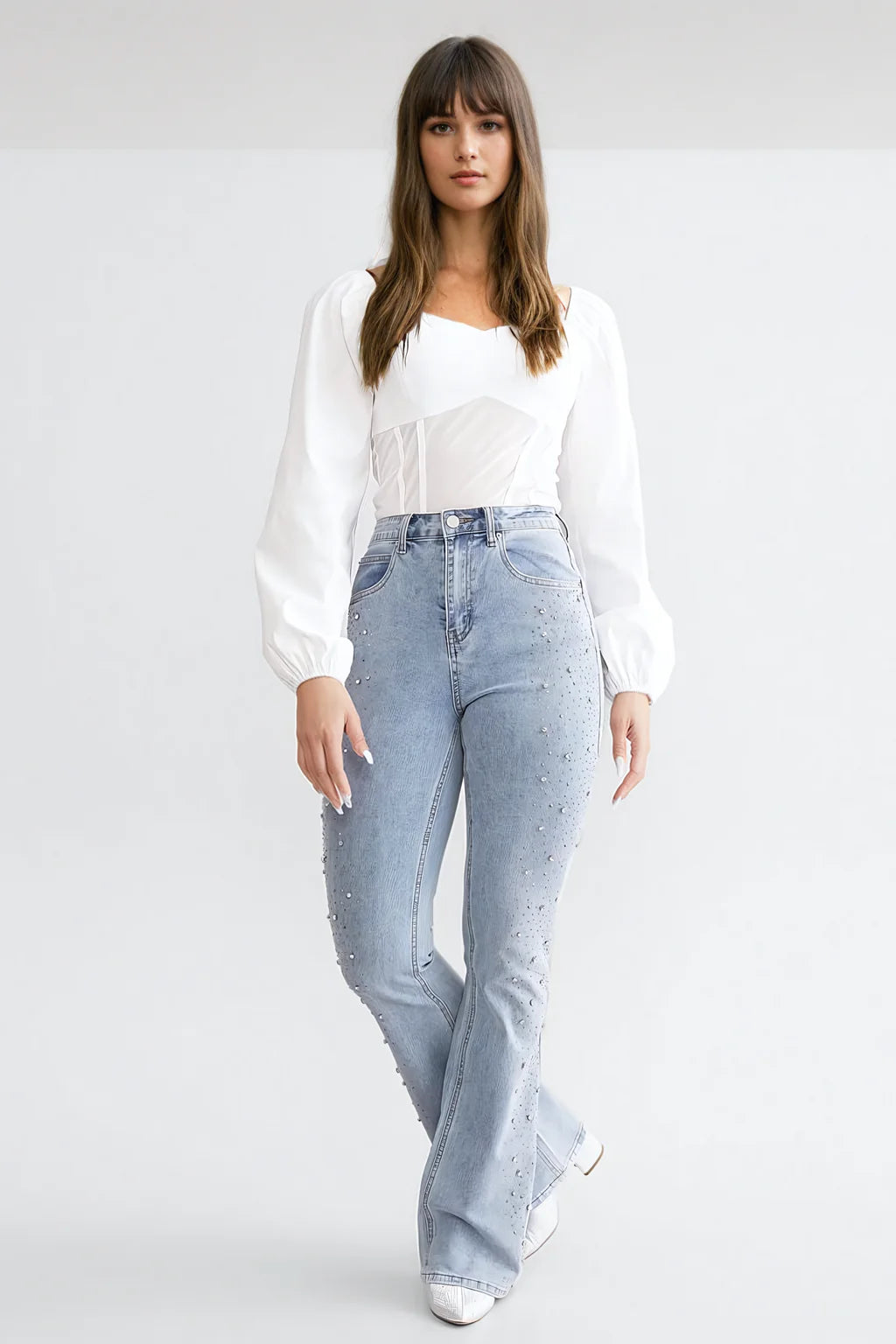 High Rise Rhinestone Embellished Boot Cut Flared Jeans for Women | Ice Blue Trendy Party Denim