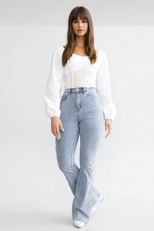 High Rise Rhinestone Embellished Boot Cut Flared Jeans for Women | Ice Blue Trendy Party Denim