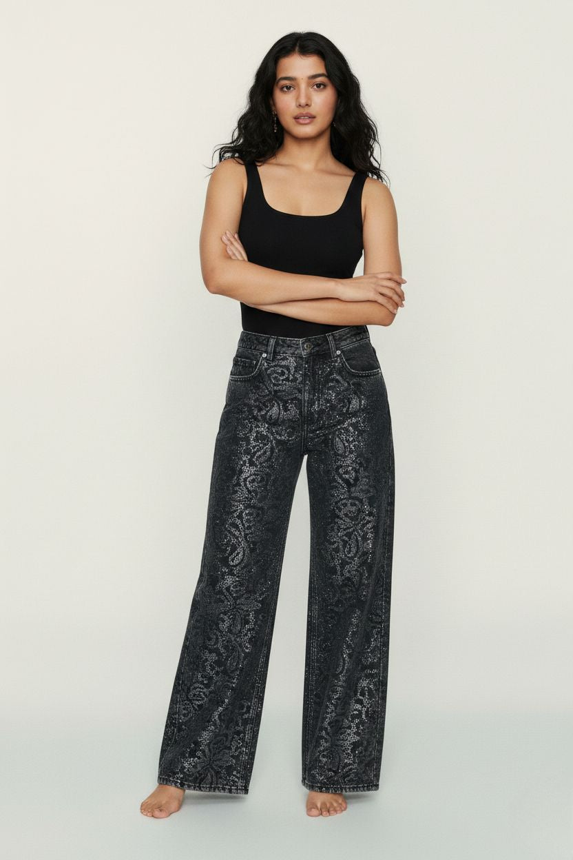 Rhinestone Jeans Women | Mid Waist Sparkle Wide Fit Denim