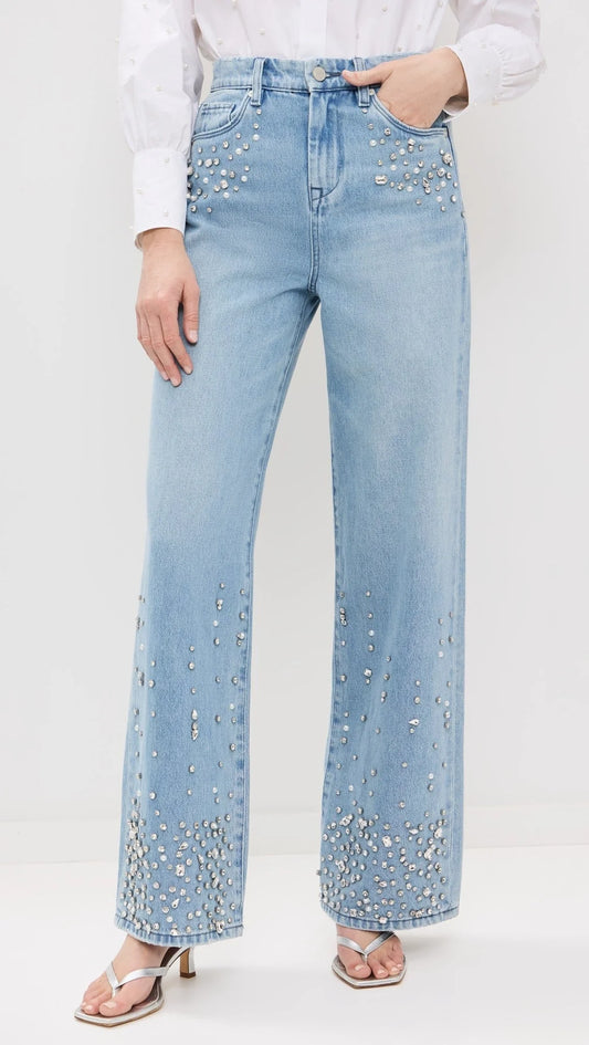 Bling It On Rhinestone Embellished Wide Leg Jeans for Women | Sparkly Party Wear Denim